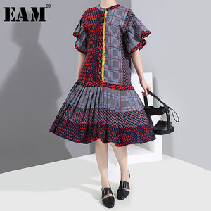 [EAM] Women Pattern Printed Pleated Temperament Dress New Round Neck Short Sleeve Loose Fit Fashion Spring Summer 2020 1S541