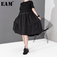 Load image into Gallery viewer, [EAM] Women Black Pleated Split  Joint Temperament Dress New Round Neck Short Sleeve Loose Fit Fashion Spring Summer 2020 1S778
