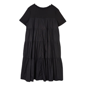 [EAM] Women Black Pleated Split  Joint Temperament Dress New Round Neck Short Sleeve Loose Fit Fashion Spring Summer 2020 1S778