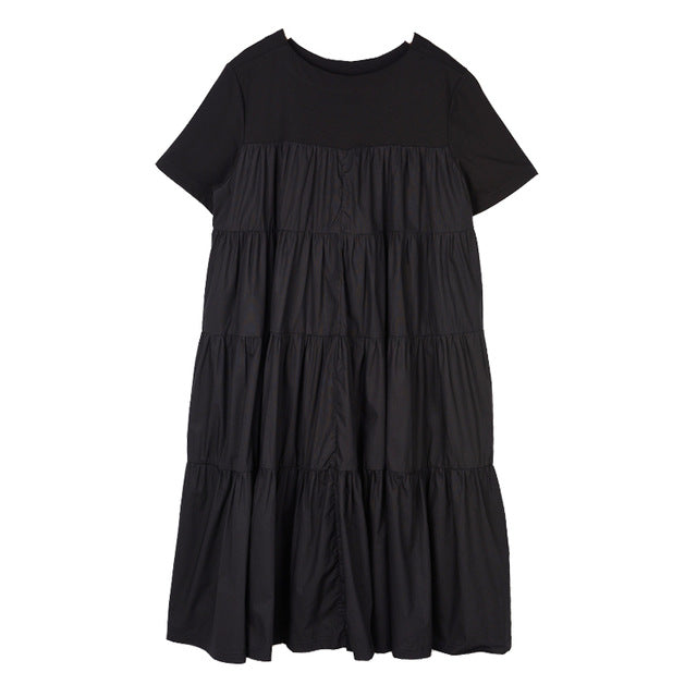 [EAM] Women Black Pleated Split  Joint Temperament Dress New Round Neck Short Sleeve Loose Fit Fashion Spring Summer 2020 1S778