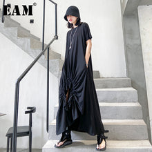 Load image into Gallery viewer, [EAM] Women Black Pleated Asymmetrical Long Dress New Round Neck Short Sleeve Loose Fit Fashion Tide Spring Summer 2020 1T364
