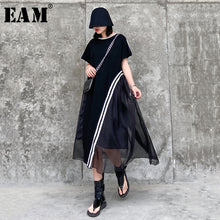 Load image into Gallery viewer, [EAM] Women Black Mesh Striped Irregular Big Size Dress New Round Neck Short Sleeve Loose Fit Fashion Spring Summer 2020 1T776
