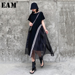 [EAM] Women Black Mesh Striped Irregular Big Size Dress New Round Neck Short Sleeve Loose Fit Fashion Spring Summer 2020 1T776