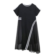 Load image into Gallery viewer, [EAM] Women Black Mesh Striped Irregular Big Size Dress New Round Neck Short Sleeve Loose Fit Fashion Spring Summer 2020 1T776
