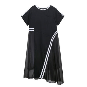 [EAM] Women Black Mesh Striped Irregular Big Size Dress New Round Neck Short Sleeve Loose Fit Fashion Spring Summer 2020 1T776