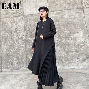 [EAM] Women Black Asymmetrical Pleated Big Size Dress New Round Neck Long Sleeve Loose Fit Fashion Tide Spring Autumn 2020 1T761