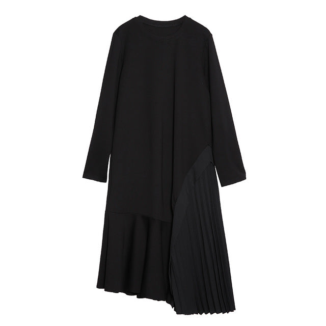 [EAM] Women Black Asymmetrical Pleated Big Size Dress New Round Neck Long Sleeve Loose Fit Fashion Tide Spring Autumn 2020 1T761