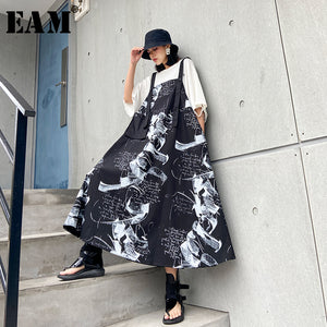 [EAM] Women Black Printed Pocket Long Big Size Strapless Dress New Sleeveless Loose Fit Fashion Tide Spring Summer 2020 1T547