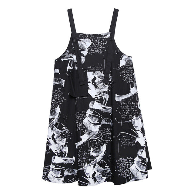 [EAM] Women Black Printed Pocket Long Big Size Strapless Dress New Sleeveless Loose Fit Fashion Tide Spring Summer 2020 1T547