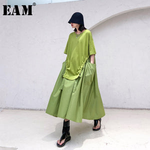 [EAM] Women Green Big Pocket Drawstring Big Size Dress New Round Neck Half Sleeve Loose Fit Fashion Spring Summer 2020 1T168