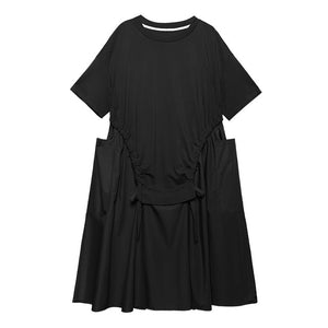 [EAM] Women Green Big Pocket Drawstring Big Size Dress New Round Neck Half Sleeve Loose Fit Fashion Spring Summer 2020 1T168