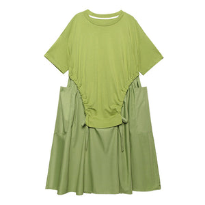 [EAM] Women Green Big Pocket Drawstring Big Size Dress New Round Neck Half Sleeve Loose Fit Fashion Spring Summer 2020 1T168