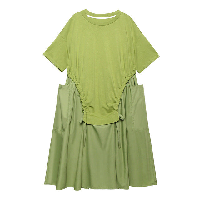 [EAM] Women Green Big Pocket Drawstring Big Size Dress New Round Neck Half Sleeve Loose Fit Fashion Spring Summer 2020 1T168