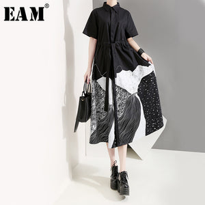 [EAM] Women Black Printed Drawstring Big Size Shirt Dress New Lapel Short Sleeve Loose Fit Fashion Spring Summer 2020 1T565