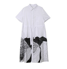 Load image into Gallery viewer, [EAM] Women Black Printed Drawstring Big Size Shirt Dress New Lapel Short Sleeve Loose Fit Fashion Spring Summer 2020 1T565
