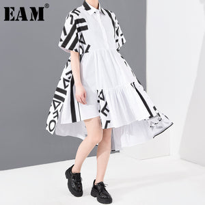 [EAM] Women Pattern Printed Back Long Big Size Shirt Dress New Lapel Short Sleeve Loose Fit Fashion Spring Summer 2020 1T43500