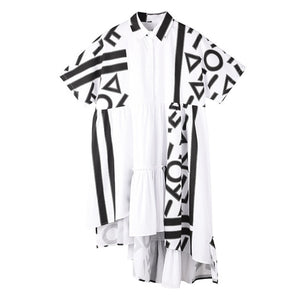 [EAM] Women Pattern Printed Back Long Big Size Shirt Dress New Lapel Short Sleeve Loose Fit Fashion Spring Summer 2020 1T43500