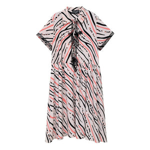 [EAM] Women Striped Pattern Printed Big Size Long Dress New Lapel Half Sleeve Loose Fit Fashion Tide Spring Summer 2020 1U124