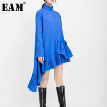 Load image into Gallery viewer, [EAM] Women Blue Pleated Asymmetrical Shirt Dress New Stand Collar Long Sleeve Loose Fit Fashion Tide Spring Autumn 2020 1D701
