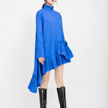 Load image into Gallery viewer, [EAM] Women Blue Pleated Asymmetrical Shirt Dress New Stand Collar Long Sleeve Loose Fit Fashion Tide Spring Autumn 2020 1D701
