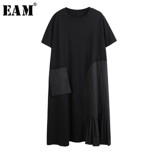 [EAM] Women Black Big Pocket Split Big Size Dress New Round Neck Sleeveless Loose Fit Fashion Tide Spring Summer 2020 1T898