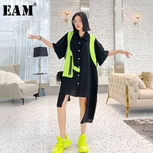 Load image into Gallery viewer, [EAM] Women Black Split Joint Big Size Irregular Shirt Dress New Lapel Half Sleeve Loose Fit Fashion Spring Summer 2020 1U207
