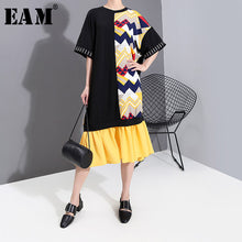 Load image into Gallery viewer, [EAM] Women Black Pattern Printed Ruffles Dress New Round Neck Half Sleeve Loose Fit Fashion Tide Spring Summer 2020 1T968
