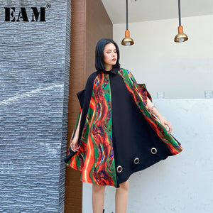 [EAM] Women Black Pattern Printed Big Size Shirt Dress New Lapel Short Sleeve Loose Fit Fashion Tide Spring Summer 2020 1U483