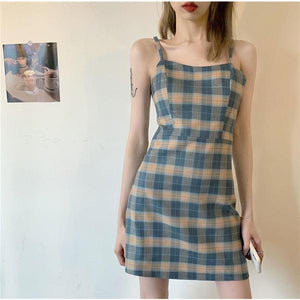 Summer Flavor Chic Lattice Print Slim Women Sexy Dress Sleeveless Spaghetti Strap Dress Fashion Slash Neck A Line Mini Dresses