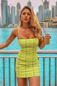 Summer Flavor Chic Lattice Print Slim Women Sexy Dress Sleeveless Spaghetti Strap Dress Fashion Slash Neck A Line Mini Dresses