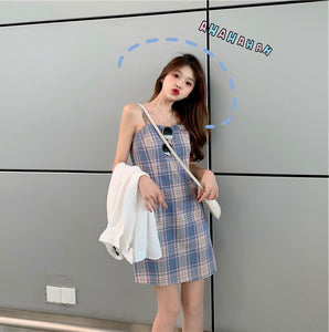 Summer Flavor Chic Lattice Print Slim Women Sexy Dress Sleeveless Spaghetti Strap Dress Fashion Slash Neck A Line Mini Dresses