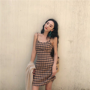 Summer Flavor Chic Lattice Print Slim Women Sexy Dress Sleeveless Spaghetti Strap Dress Fashion Slash Neck A Line Mini Dresses