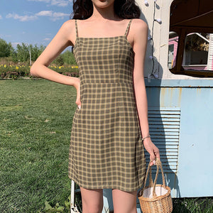 Summer Flavor Chic Lattice Print Slim Women Sexy Dress Sleeveless Spaghetti Strap Dress Fashion Slash Neck A Line Mini Dresses