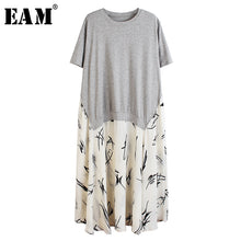 Load image into Gallery viewer, [EAM] Women Pattern Printed Stitch Big Size Dress New Round Neck Short Sleeve Loose Fit Fashion Tide Spring Summer 2020 1T213
