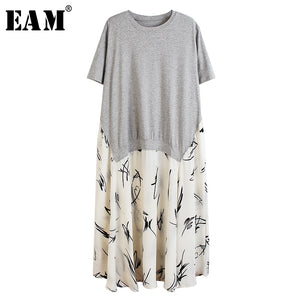 [EAM] Women Pattern Printed Stitch Big Size Dress New Round Neck Short Sleeve Loose Fit Fashion Tide Spring Summer 2020 1T213