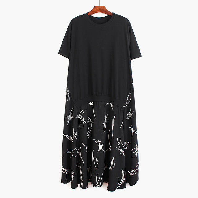 [EAM] Women Pattern Printed Stitch Big Size Dress New Round Neck Short Sleeve Loose Fit Fashion Tide Spring Summer 2020 1T213