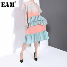 Load image into Gallery viewer, [EAM] Women Ruffles Contrast Color Split Long Dress New Round Neck Half Sleeve Loose Fit Fashion Tide Spring Summer 2020 1U126
