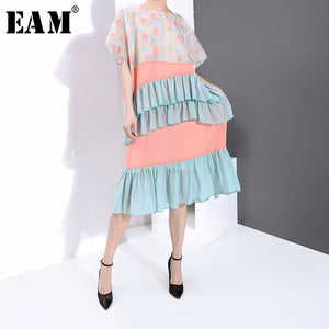 [EAM] Women Ruffles Contrast Color Split Long Dress New Round Neck Half Sleeve Loose Fit Fashion Tide Spring Summer 2020 1U126