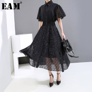 [EAM] Women Black Tassels Split Joint Temperament Midi  Dress New Lapel Half Sleeve Loose Fit Fashion Spring Summer 2020 1U122