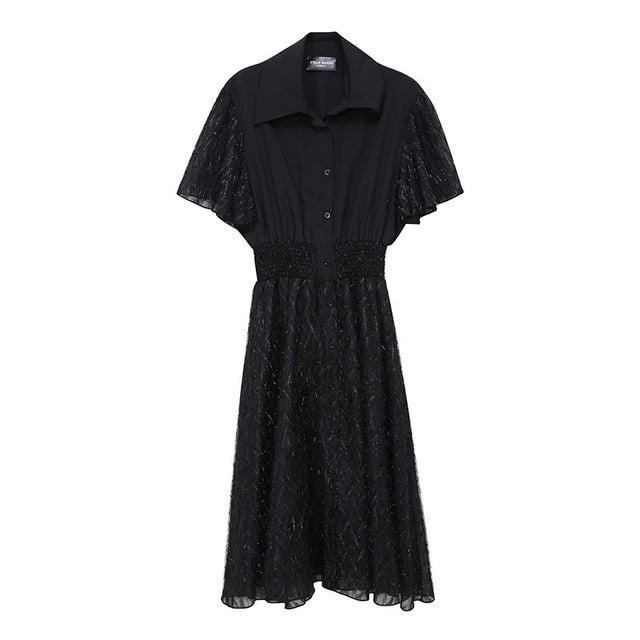 [EAM] Women Black Tassels Split Joint Temperament Midi  Dress New Lapel Half Sleeve Loose Fit Fashion Spring Summer 2020 1U122