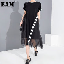 Load image into Gallery viewer, [EAM] Women Black Mesh Striped Split Big Size Dress New Round Neck Short Sleeve Loose Fit Fashion Spring Summer 2020 1T77601
