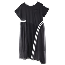 Load image into Gallery viewer, [EAM] Women Black Mesh Striped Split Big Size Dress New Round Neck Short Sleeve Loose Fit Fashion Spring Summer 2020 1T77601
