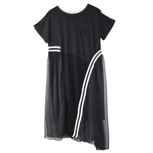 [EAM] Women Black Mesh Striped Split Big Size Dress New Round Neck Short Sleeve Loose Fit Fashion Spring Summer 2020 1T77601