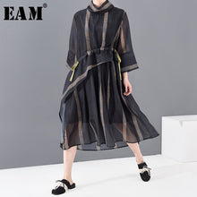 Load image into Gallery viewer, [EAM] Women Mesh Striped Drawstring Dress New Stand Collar Three-quarter Sleeve Loose Fit Fashion Spring Summer 2020 1T55401
