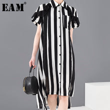 Load image into Gallery viewer, [EAM] Women Black Striped Stitch Big Size Shirt Dress New Lapel Short Sleeve Loose Fit Fashion Tide Spring Summer 2020 1T65301
