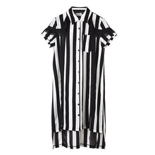 Load image into Gallery viewer, [EAM] Women Black Striped Stitch Big Size Shirt Dress New Lapel Short Sleeve Loose Fit Fashion Tide Spring Summer 2020 1T65301
