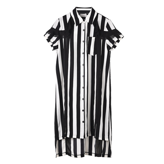 [EAM] Women Black Striped Stitch Big Size Shirt Dress New Lapel Short Sleeve Loose Fit Fashion Tide Spring Summer 2020 1T65301