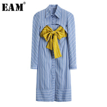 Load image into Gallery viewer, [EAM] Women Blue Striped Bandage Bow Hollow Out Shirt Dress New Lapel Long Sleeve Loose Fit Fashion Spring Autumn 2020 1W151
