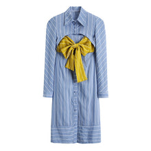 Load image into Gallery viewer, [EAM] Women Blue Striped Bandage Bow Hollow Out Shirt Dress New Lapel Long Sleeve Loose Fit Fashion Spring Autumn 2020 1W151
