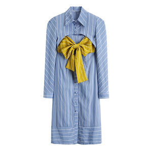 [EAM] Women Blue Striped Bandage Bow Hollow Out Shirt Dress New Lapel Long Sleeve Loose Fit Fashion Spring Autumn 2020 1W151